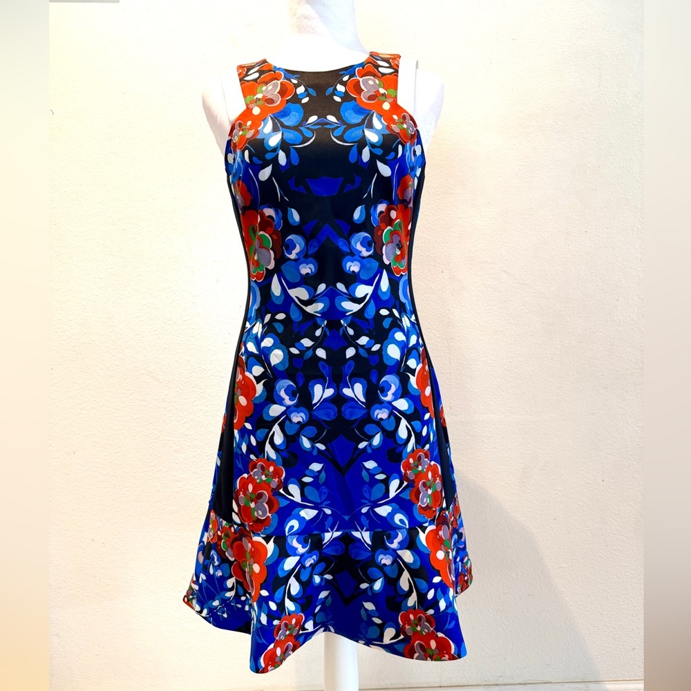 Karen Millen Blue Red Floral Stretch Cocktail Dress Size 6 - Picture 4 of 5